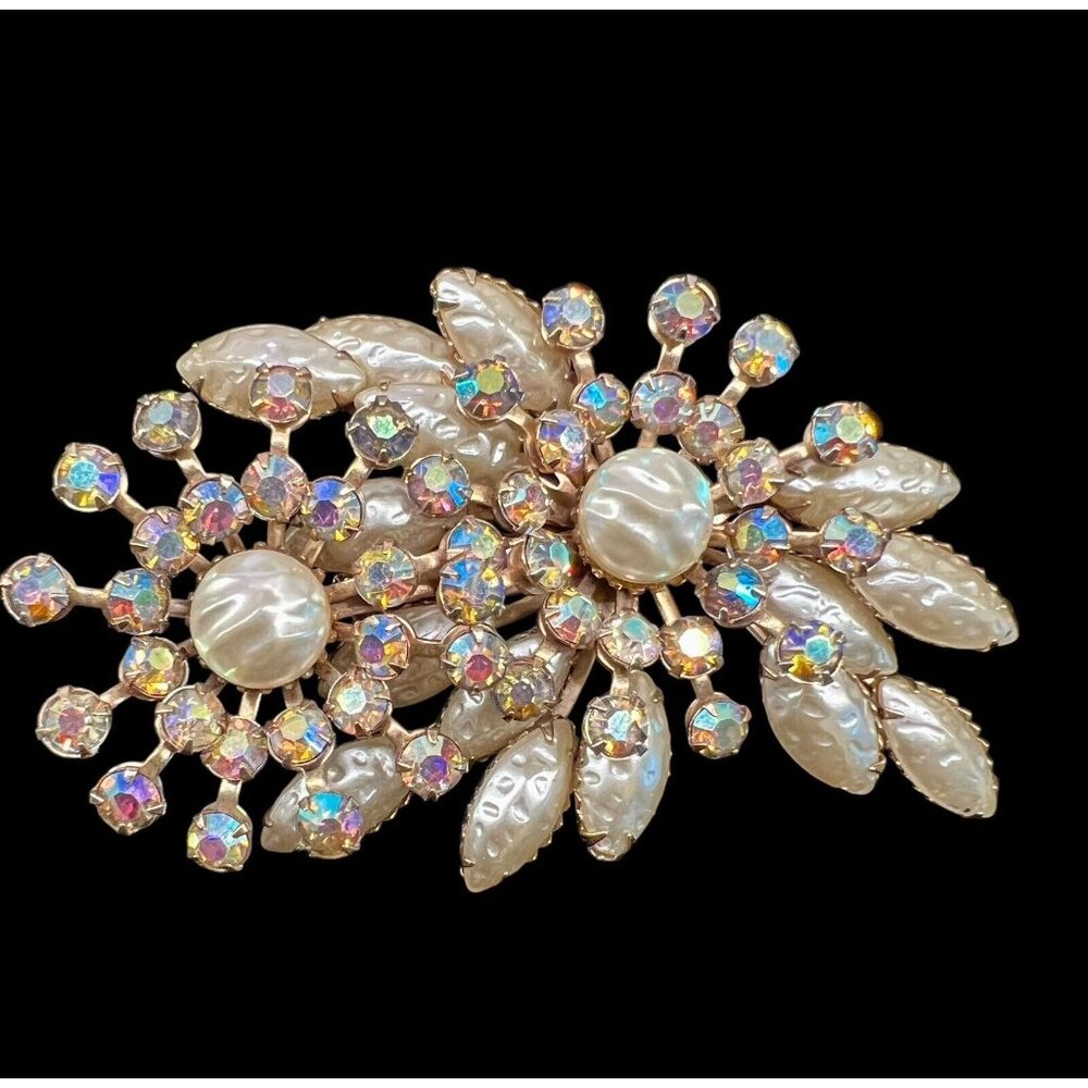 Vintage Judy Lee Baroque Faux Pearl AB Rhinestone Spray Brooch Pin #C-3